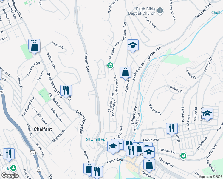 map of restaurants, bars, coffee shops, grocery stores, and more near 543 Clugston Avenue in Turtle Creek