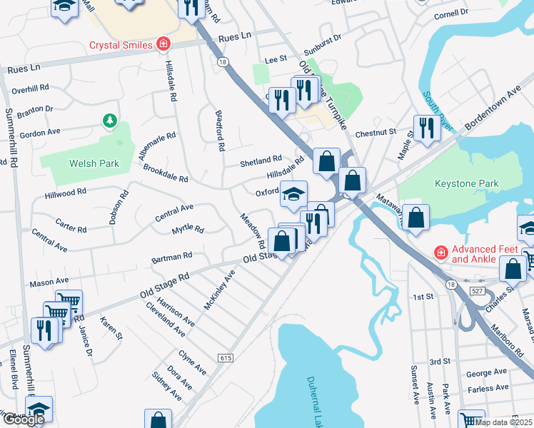 map of restaurants, bars, coffee shops, grocery stores, and more near 24 Diamond Court in East Brunswick
