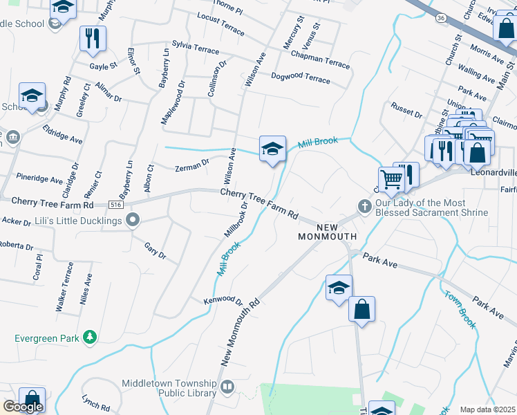 map of restaurants, bars, coffee shops, grocery stores, and more near 24 Cherry Tree Farm Road in Middletown Township