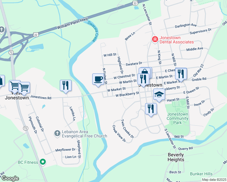 map of restaurants, bars, coffee shops, grocery stores, and more near 230 West Market Street in Jonestown