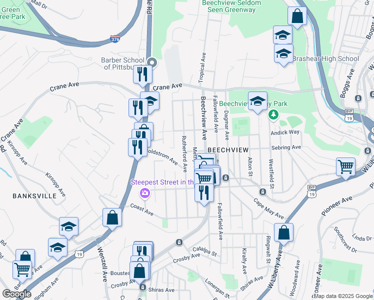 map of restaurants, bars, coffee shops, grocery stores, and more near 1429 Rutherford Avenue in Pittsburgh