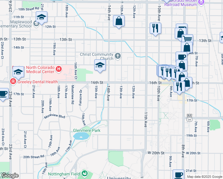 map of restaurants, bars, coffee shops, grocery stores, and more near 1616 14th Avenue in Greeley