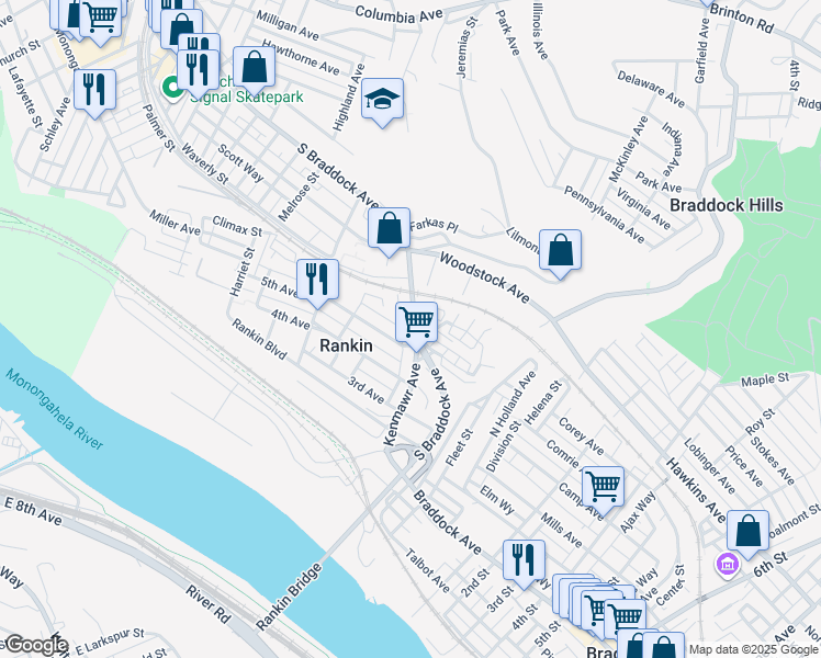 map of restaurants, bars, coffee shops, grocery stores, and more near 515 Kenmawr Avenue in Braddock