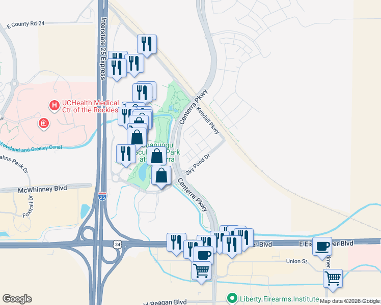 map of restaurants, bars, coffee shops, grocery stores, and more near 2105 Hopper Lane in Loveland