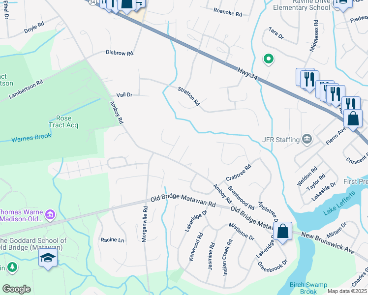 map of restaurants, bars, coffee shops, grocery stores, and more near 107 Jordyn Court in Matawan