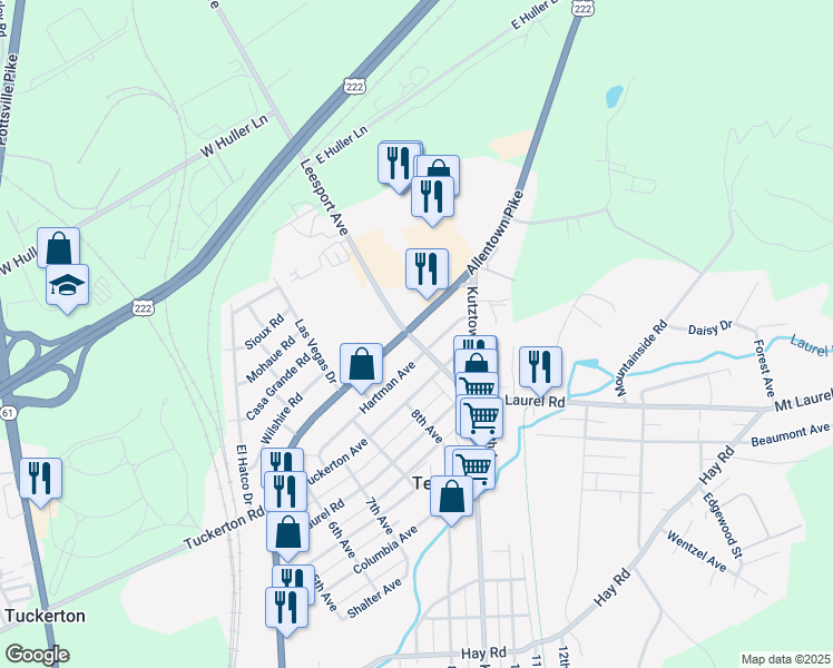 map of restaurants, bars, coffee shops, grocery stores, and more near 5205 Leesport Avenue in Temple