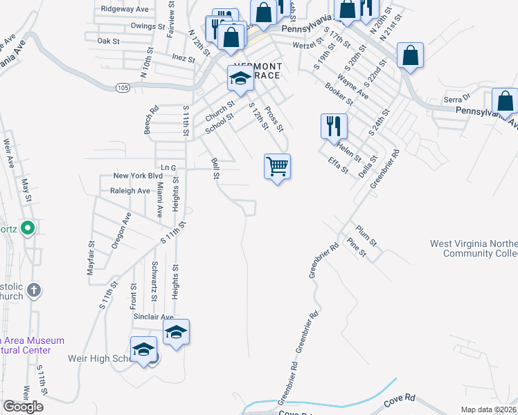 map of restaurants, bars, coffee shops, grocery stores, and more near 133 Lafayette Circle in Weirton