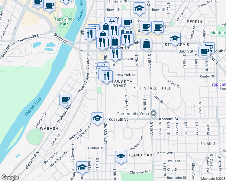 map of restaurants, bars, coffee shops, grocery stores, and more near 424 South 5th Street in Lafayette