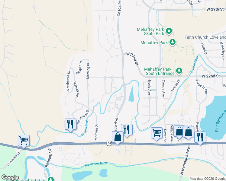 map of restaurants, bars, coffee shops, grocery stores, and more near 2084 Monte Vista Circle in Loveland