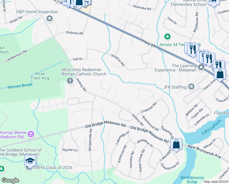 map of restaurants, bars, coffee shops, grocery stores, and more near 107 Jordyn Court in Matawan