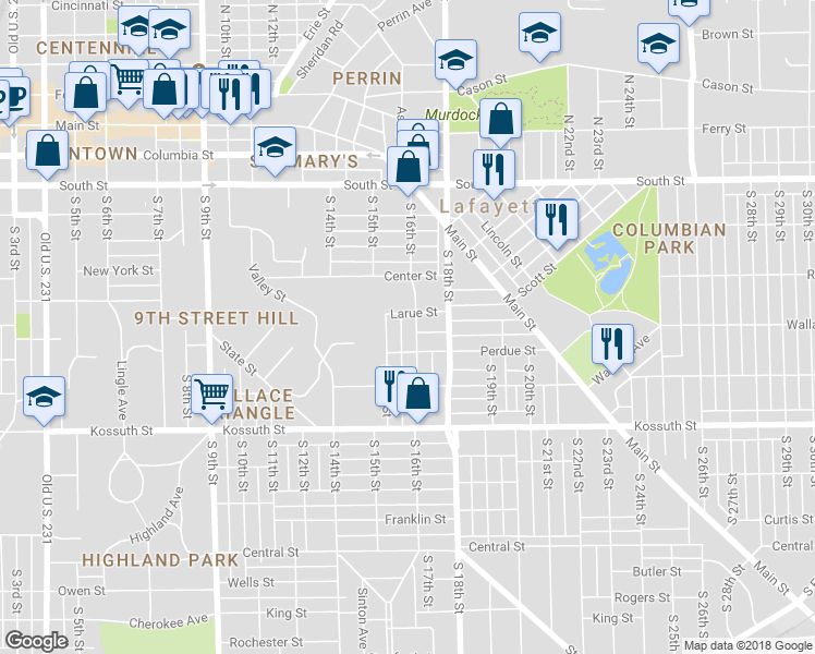map of restaurants, bars, coffee shops, grocery stores, and more near 408 South 16th Street in Lafayette