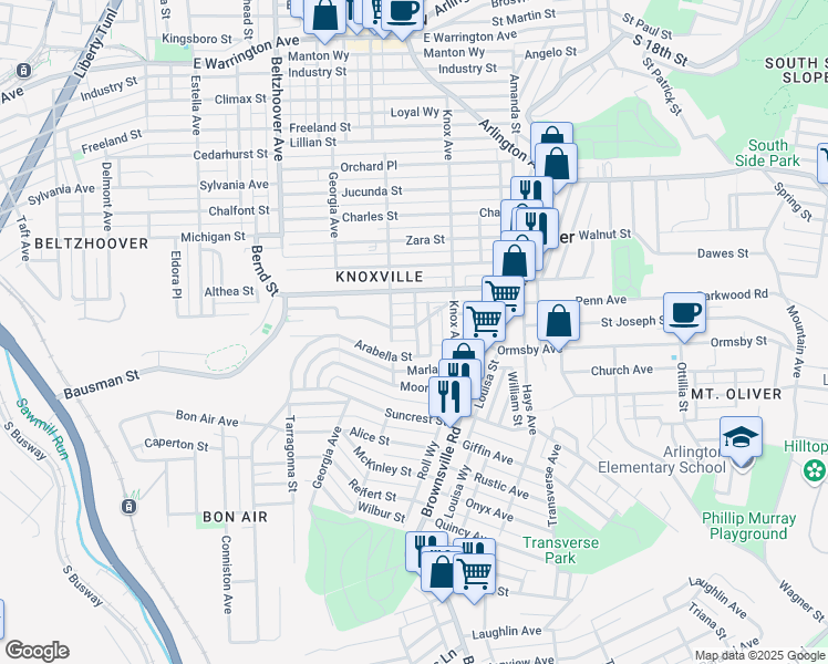 map of restaurants, bars, coffee shops, grocery stores, and more near 222 Mathews Avenue in Pittsburgh
