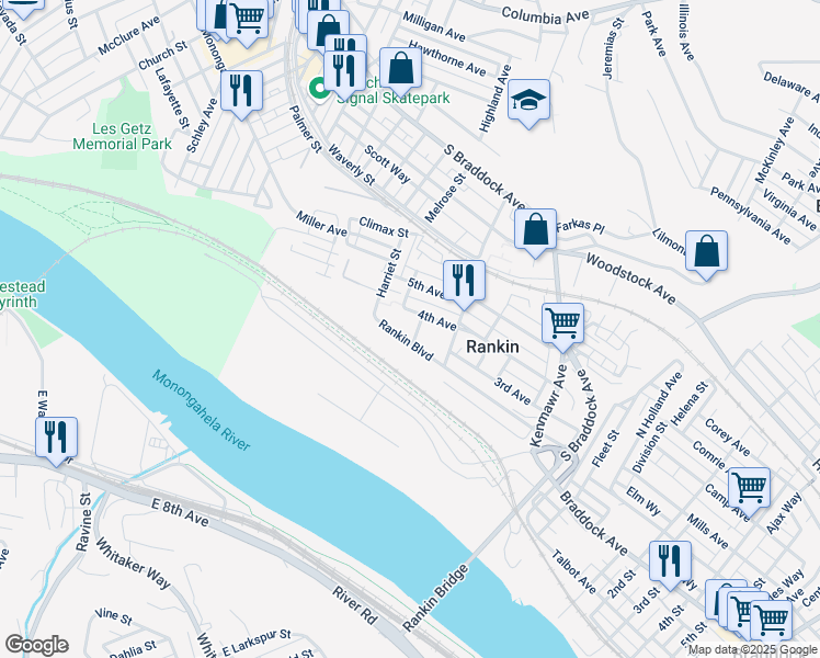 map of restaurants, bars, coffee shops, grocery stores, and more near 7 Palisades Plaza in Rankin
