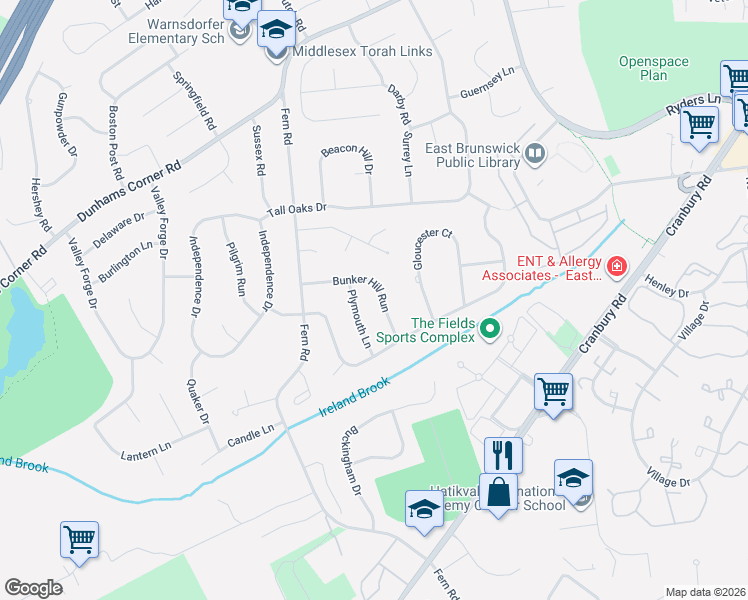 map of restaurants, bars, coffee shops, grocery stores, and more near 24 Bunker Hill Run in East Brunswick
