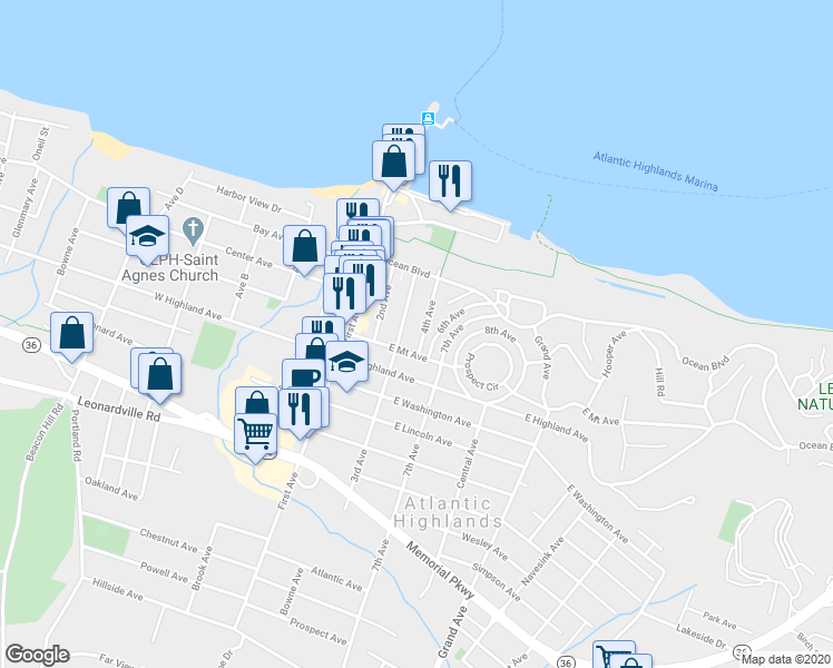 map of restaurants, bars, coffee shops, grocery stores, and more near 45 4th Avenue in Atlantic Highlands
