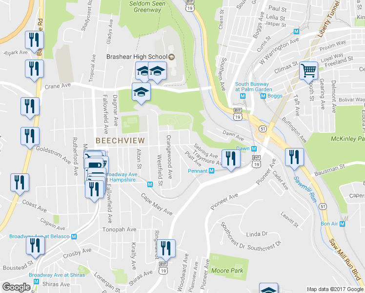 map of restaurants, bars, coffee shops, grocery stores, and more near 330 Platt Avenue in Pittsburgh