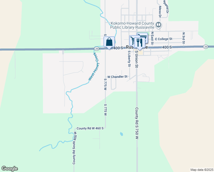 map of restaurants, bars, coffee shops, grocery stores, and more near 350 South West Street in Russiaville