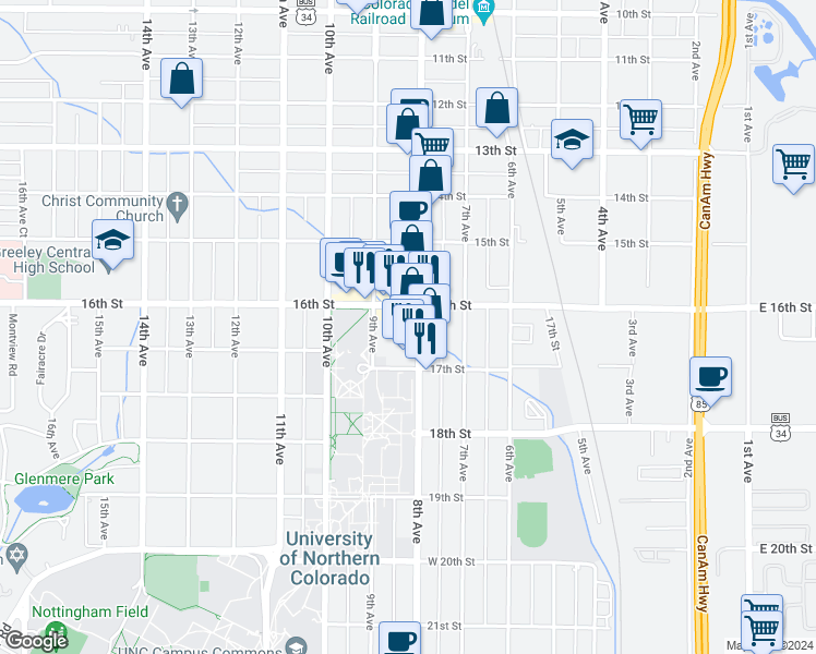 map of restaurants, bars, coffee shops, grocery stores, and more near 1619 8th Avenue in Greeley
