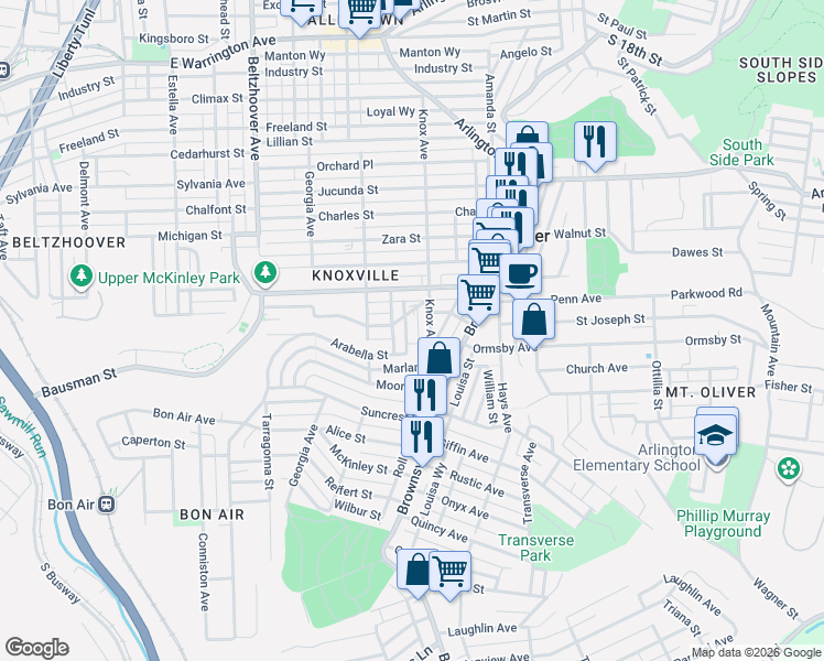 map of restaurants, bars, coffee shops, grocery stores, and more near 167 Knox Avenue in Pittsburgh