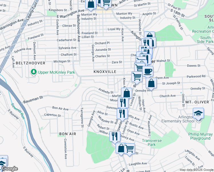 map of restaurants, bars, coffee shops, grocery stores, and more near 312 Mathews Avenue in Pittsburgh