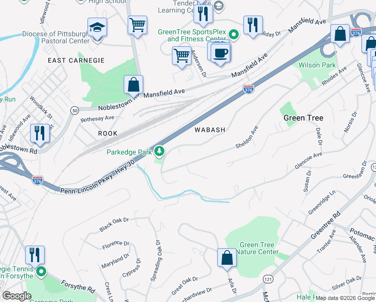 map of restaurants, bars, coffee shops, grocery stores, and more near 105 Bergen Place in Pittsburgh