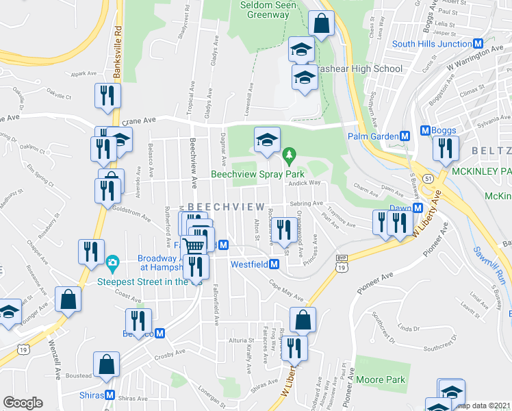 map of restaurants, bars, coffee shops, grocery stores, and more near 1407 Alton Street in Pittsburgh