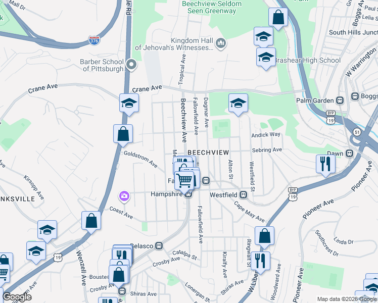 map of restaurants, bars, coffee shops, grocery stores, and more near 1428 Beechview Avenue in Pittsburgh