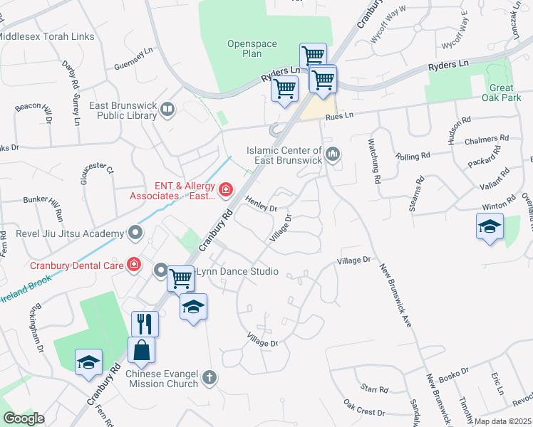 map of restaurants, bars, coffee shops, grocery stores, and more near 4 Cranbury Circle in East Brunswick