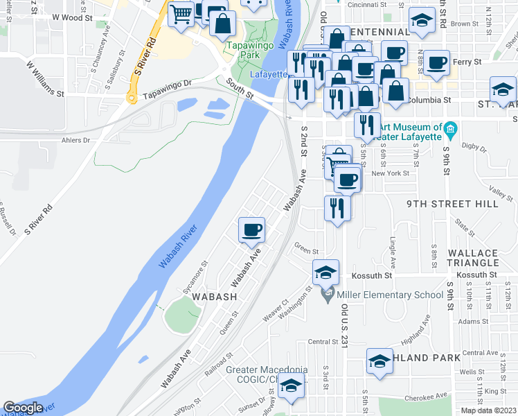 map of restaurants, bars, coffee shops, grocery stores, and more near 512 South 1st Street in Lafayette