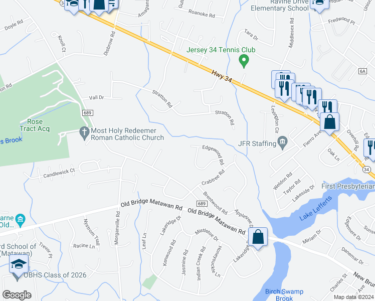 map of restaurants, bars, coffee shops, grocery stores, and more near 24 Edgewood Road in Matawan