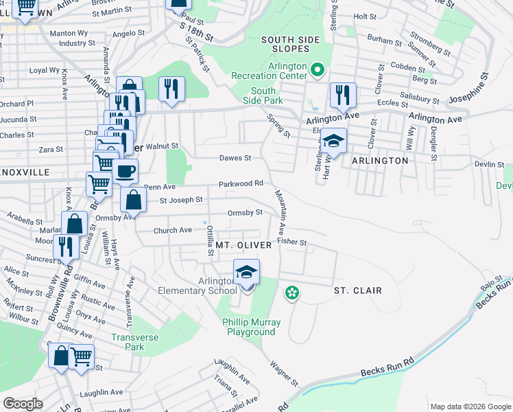 map of restaurants, bars, coffee shops, grocery stores, and more near 517 Ormsby Street in Pittsburgh