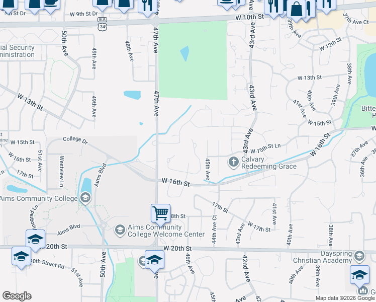 map of restaurants, bars, coffee shops, grocery stores, and more near 4466 Pioneer Drive in Greeley