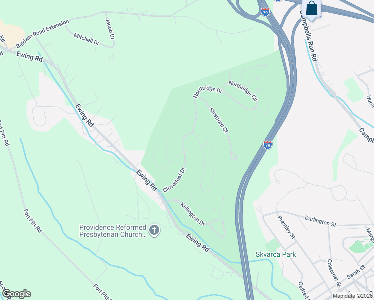 map of restaurants, bars, coffee shops, grocery stores, and more near 136 Cloverleaf Drive in Carnegie