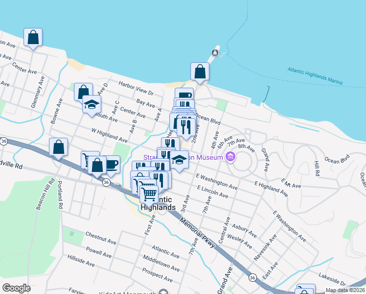 map of restaurants, bars, coffee shops, grocery stores, and more near in Atlantic Highlands