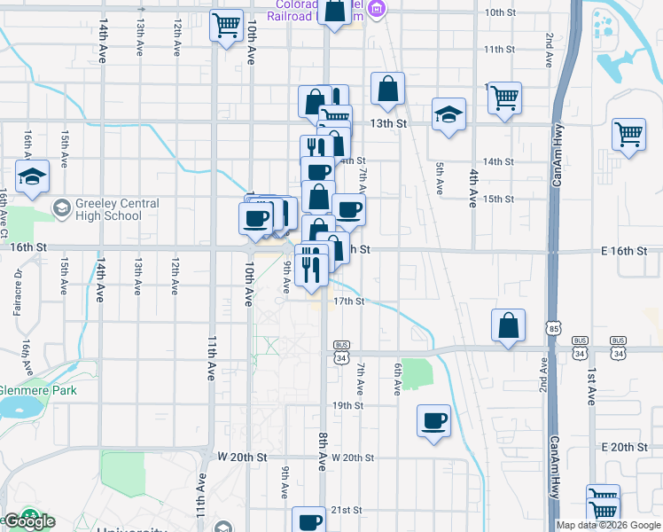 map of restaurants, bars, coffee shops, grocery stores, and more near 1619 8th Avenue in Greeley