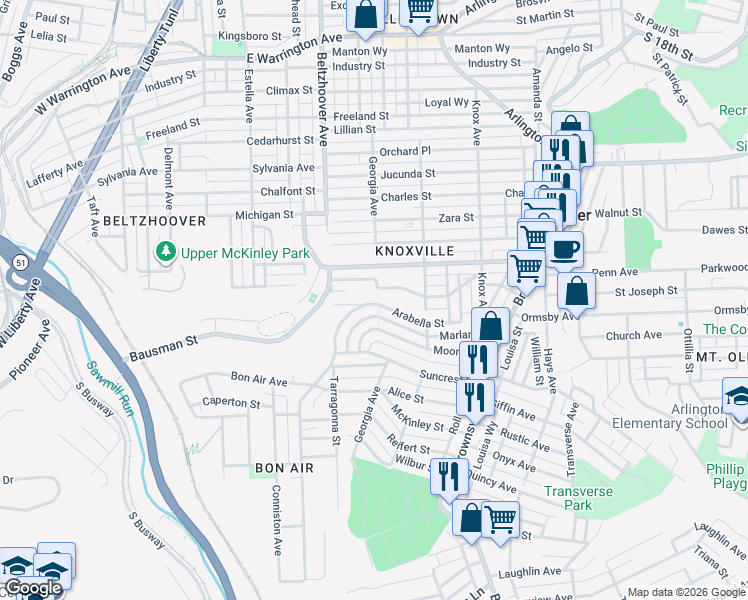 map of restaurants, bars, coffee shops, grocery stores, and more near 403 Arabella Street in Pittsburgh