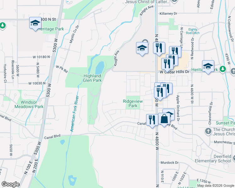 map of restaurants, bars, coffee shops, grocery stores, and more near 9977 North Little Leaf Lane in Highland