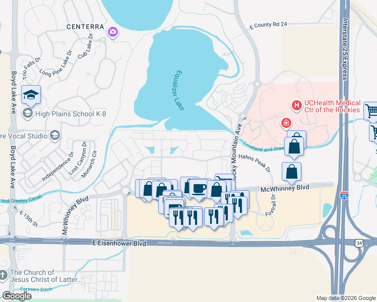 map of restaurants, bars, coffee shops, grocery stores, and more near 4955 Hahns Peak Drive in Loveland