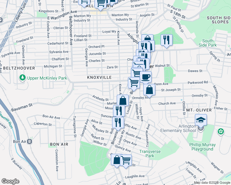 map of restaurants, bars, coffee shops, grocery stores, and more near 167 Knox Avenue in Pittsburgh
