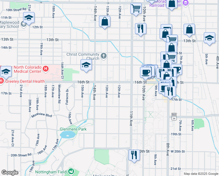 map of restaurants, bars, coffee shops, grocery stores, and more near 1616 13th Avenue in Greeley