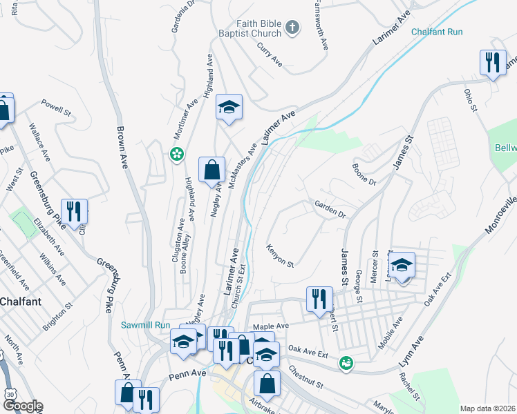 map of restaurants, bars, coffee shops, grocery stores, and more near 628 Church Street Extension in Turtle Creek