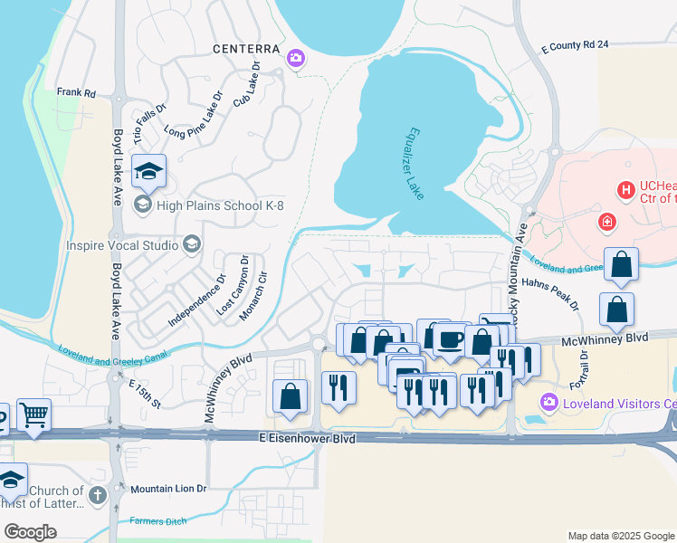 map of restaurants, bars, coffee shops, grocery stores, and more near 4615 Hahns Peak Drive in Loveland