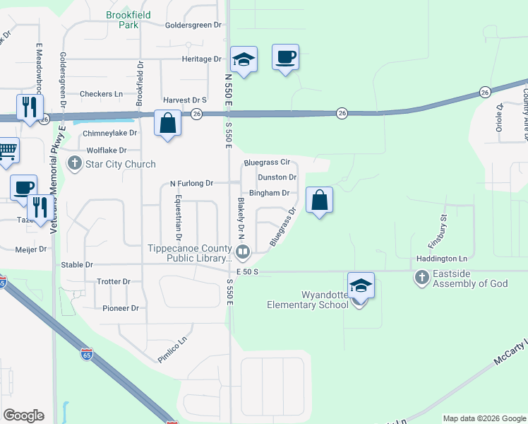 map of restaurants, bars, coffee shops, grocery stores, and more near 5548 Keeneland Way in Lafayette