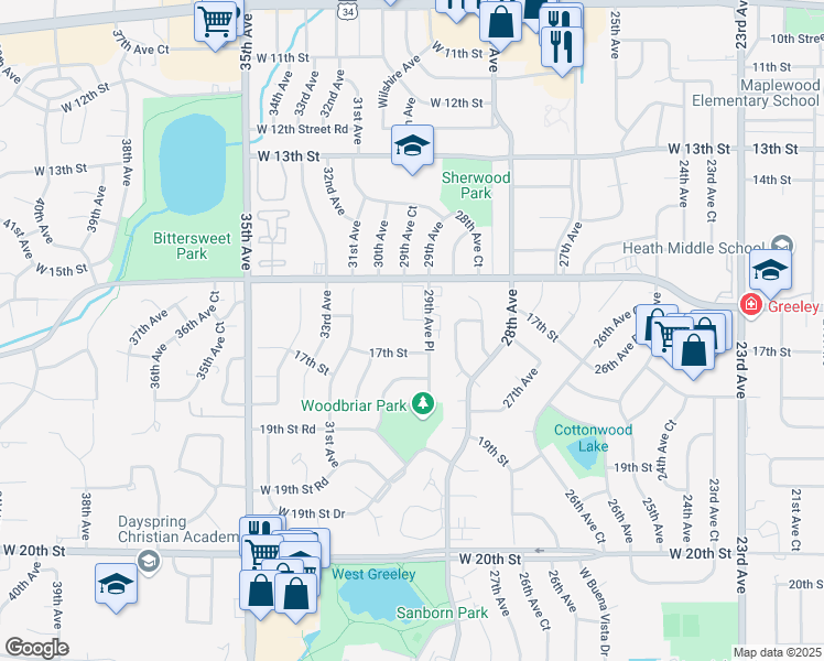 map of restaurants, bars, coffee shops, grocery stores, and more near 1663 29th Avenue Place in Greeley