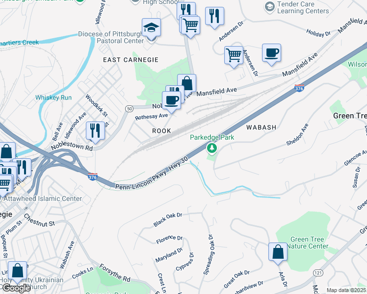 map of restaurants, bars, coffee shops, grocery stores, and more near 750 Trumbull Drive in Pittsburgh