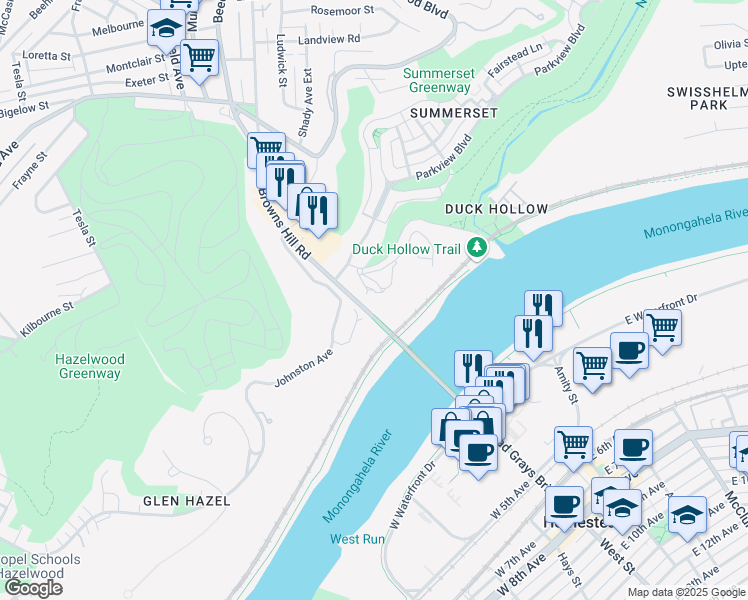 map of restaurants, bars, coffee shops, grocery stores, and more near 4724 Browns Hill Road in Pittsburgh