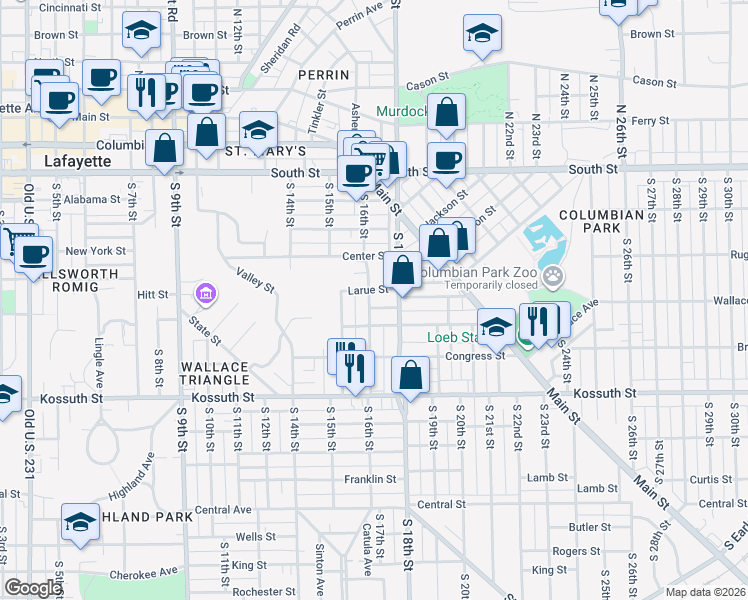 map of restaurants, bars, coffee shops, grocery stores, and more near 408 South 16th Street in Lafayette