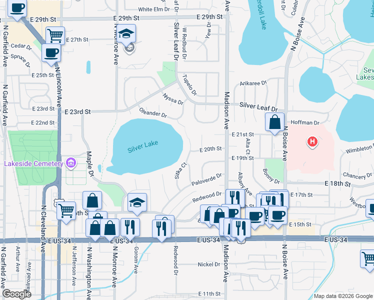 map of restaurants, bars, coffee shops, grocery stores, and more near 1026 Sitka Court in Loveland