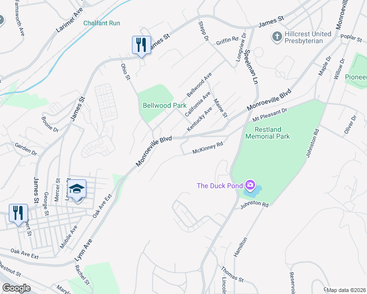 map of restaurants, bars, coffee shops, grocery stores, and more near 2028 Margarite Street in Monroeville