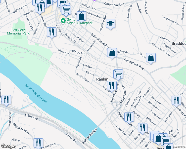 map of restaurants, bars, coffee shops, grocery stores, and more near 306 4th Avenue in Rankin